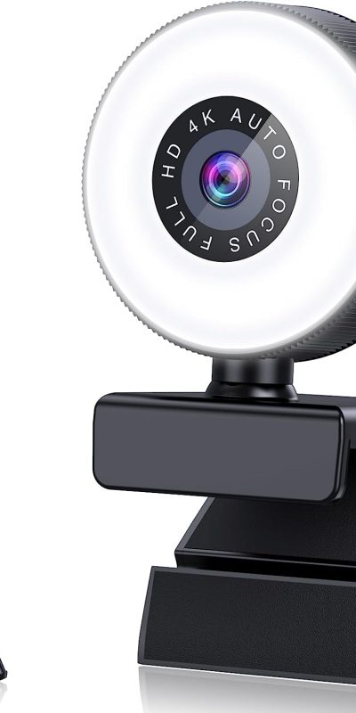 Cnkaite 4K Webcam, HD Autofocus Webcam with Microphone, Adjustable Light Computer Camera with Privacy Cover and Tripod Stand, Plug and Play USB Webcam for Laptop Desktop Video Calling